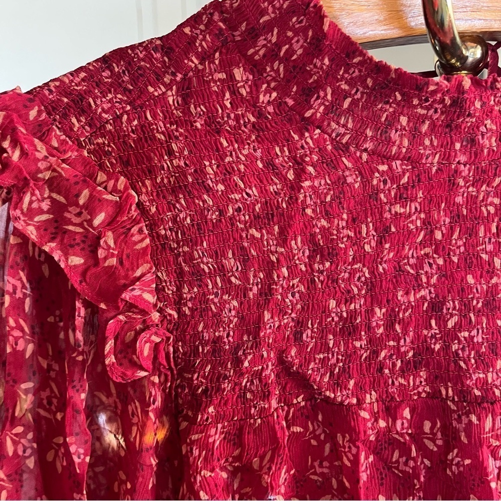 Free People Red Roma Blouse Sheer Floral Long Sleeve with Keyhole Back Small - Picture 15 of 15